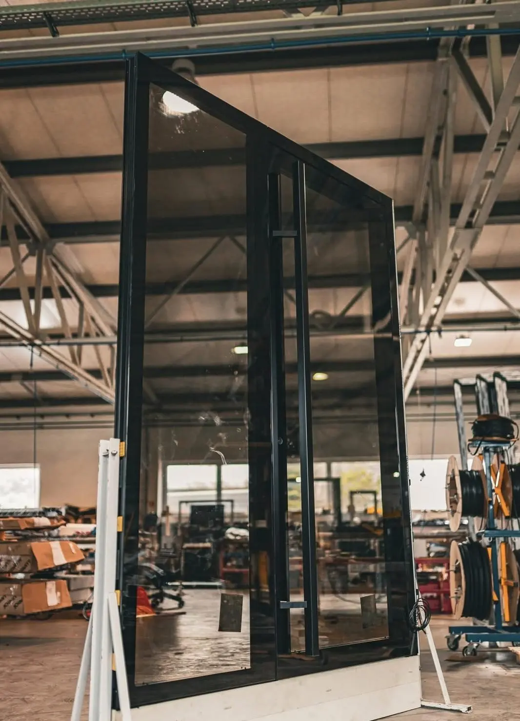 Glazed aluminum entry door before shipping