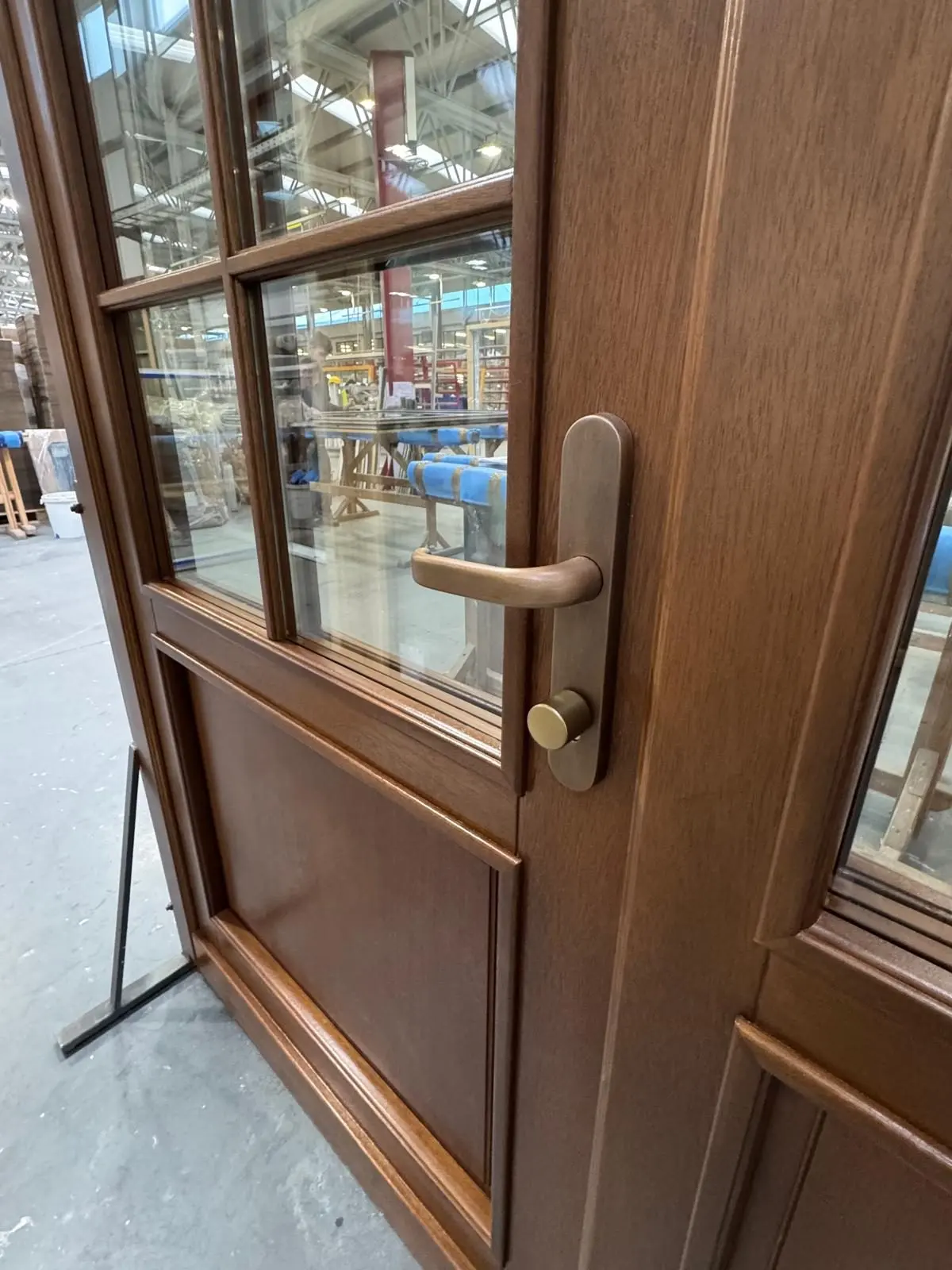 At the factory, before shipping: solid wood door and handle