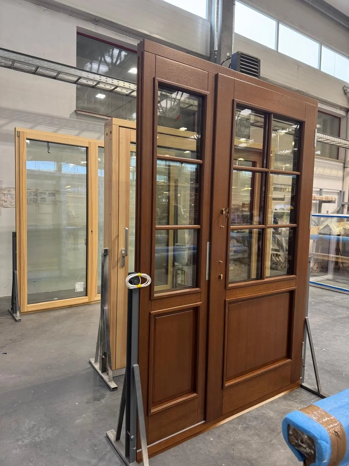 At the factory, before shipping: wood French door with multi-point hardware