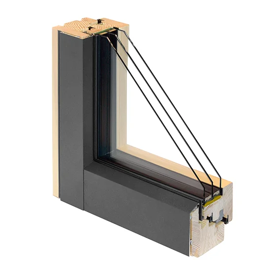 Cutaway corner of an aluminum-clad wood window showing the wood frame, aluminum cladding and triple glazing
