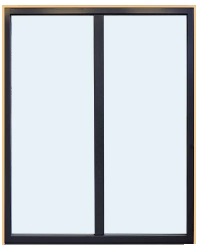 The same window seen from outside, slim dark aluminum frame