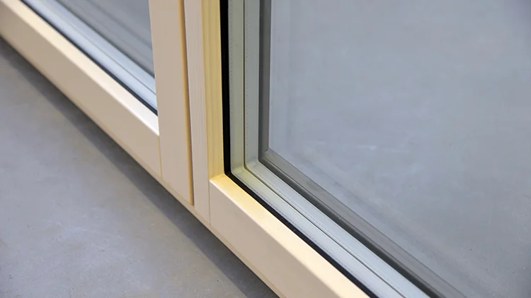 Corner of a wood sash and frame with triple glazing on an aluminum-clad wood window