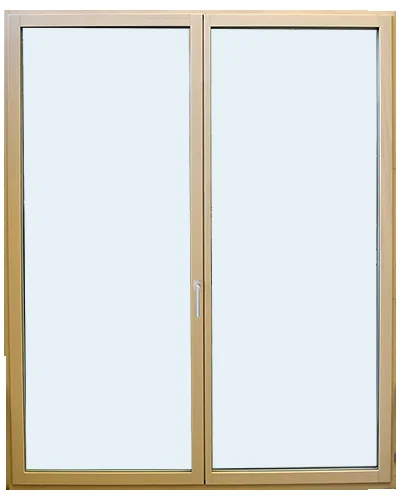 Two-pane aluminum-clad wood window seen from inside, light wood frame