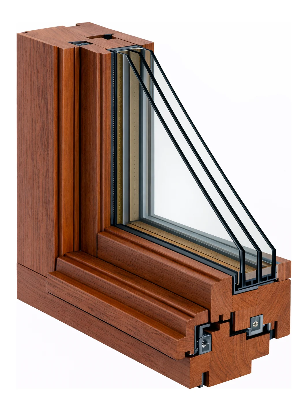 Atlantis wood window, corner cutaway showing the laminated timber profile and triple glass