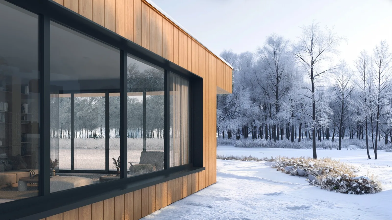 MasterLine 10 Elite aluminum windows, dark frames, timber-clad house in snow
