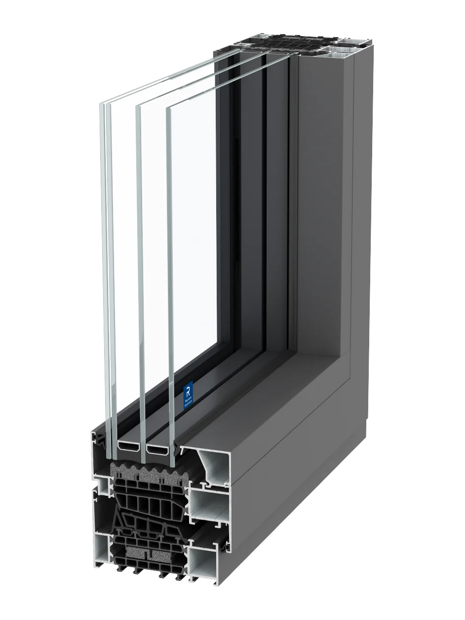 MasterLine 10 Elite aluminum window, corner cutaway showing the insulated profile and triple glass