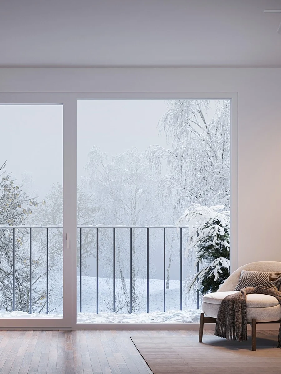 MasterLine 8 Elite aluminum balcony door, white frame, seen from a living room