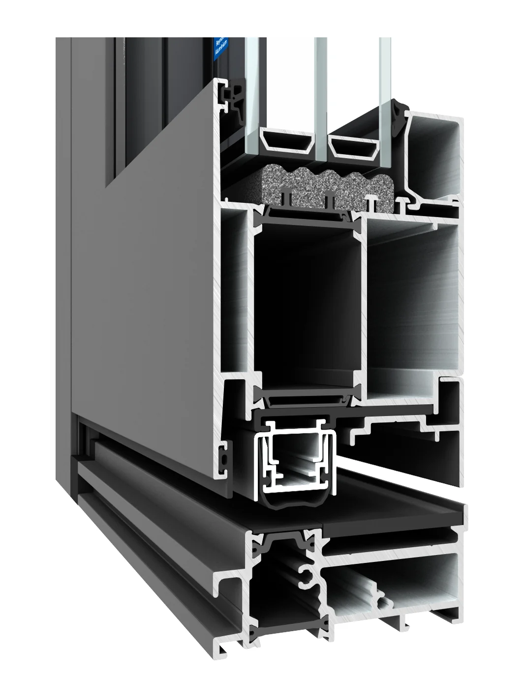 MasterLine 8 Elite aluminum pivot door, cutaway of the leaf and frame profile