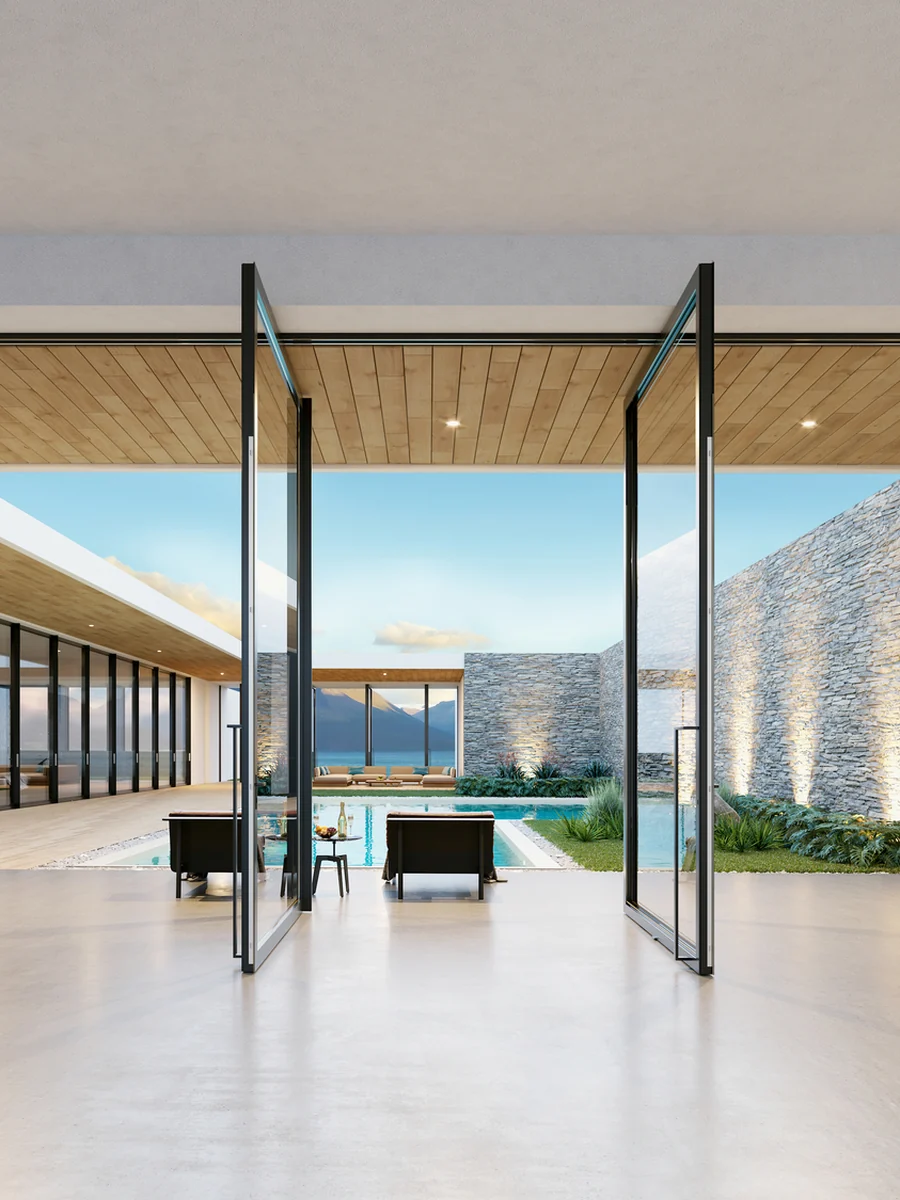 MasterLine 8 Elite aluminum pivot doors, tall black glass leaves, open
