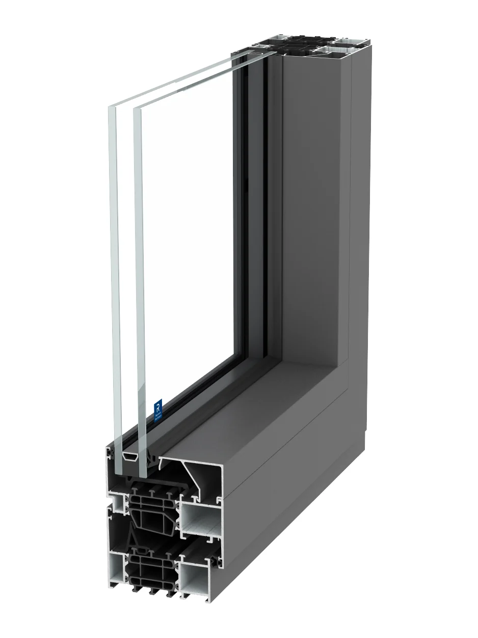 MasterLine 8 Elite aluminum window, corner cutaway showing the insulated profile and triple glass