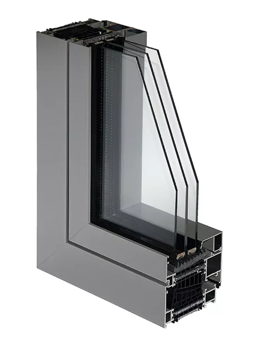 MB-104 Pro aluminum window, corner cutaway showing the deep insulated profile and triple glass