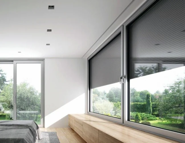 MB-104 Pro aluminum windows, large gray frames in a bedroom