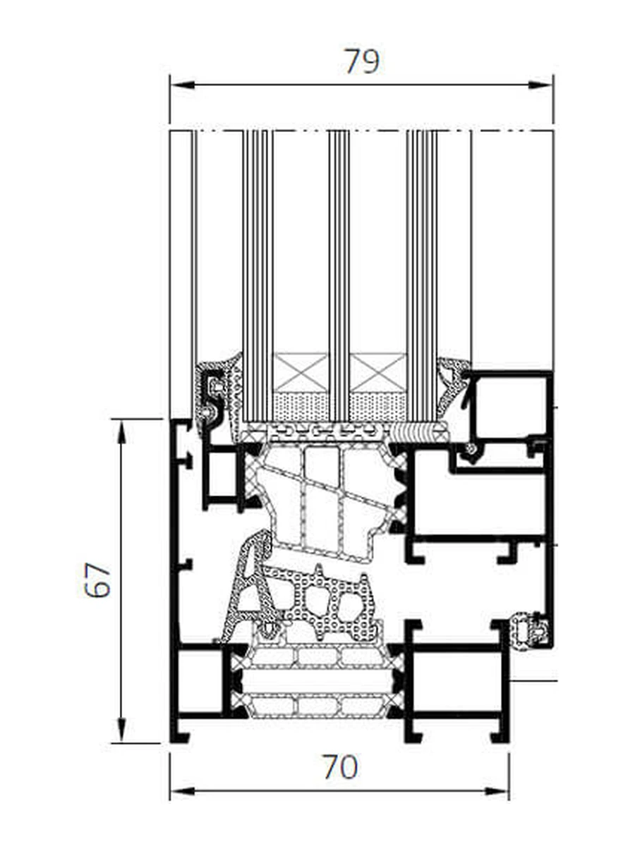 MB-79N Pro hidden-sash aluminum window, section drawing: 70 mm frame, 79 mm sash and a 67 mm frame-and-sash band, with triple glass