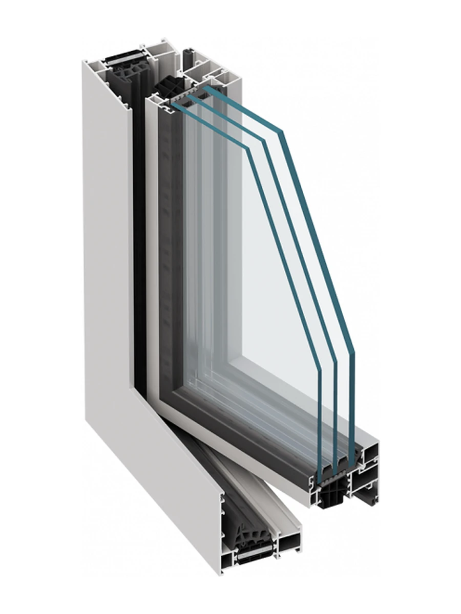 MB-79N Pro hidden-sash aluminum window, silver, corner cutaway with the sash tucked behind the frame and triple glass