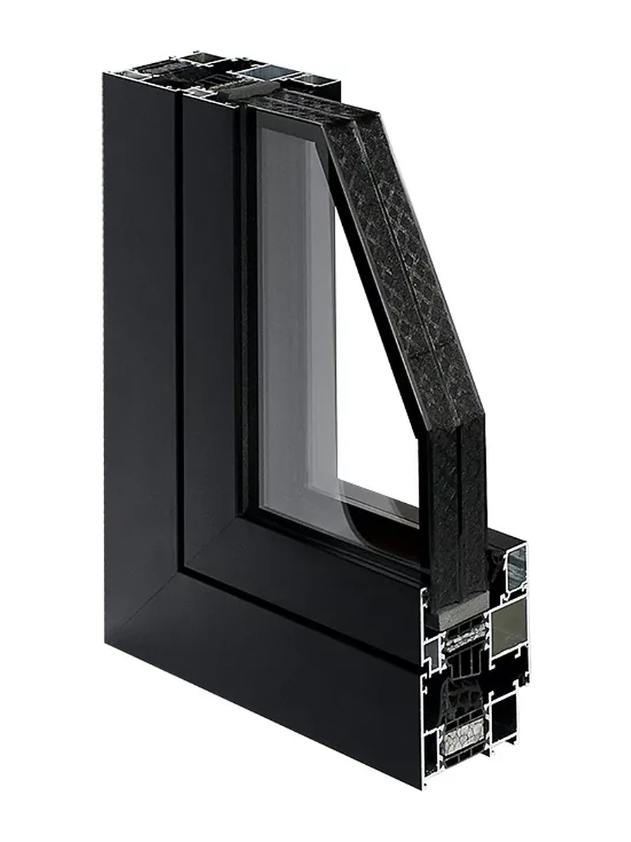 MB-79N Pro aluminum window, black textured finish, corner cutaway showing the three-chamber profile, insulated thermal break and triple glass
