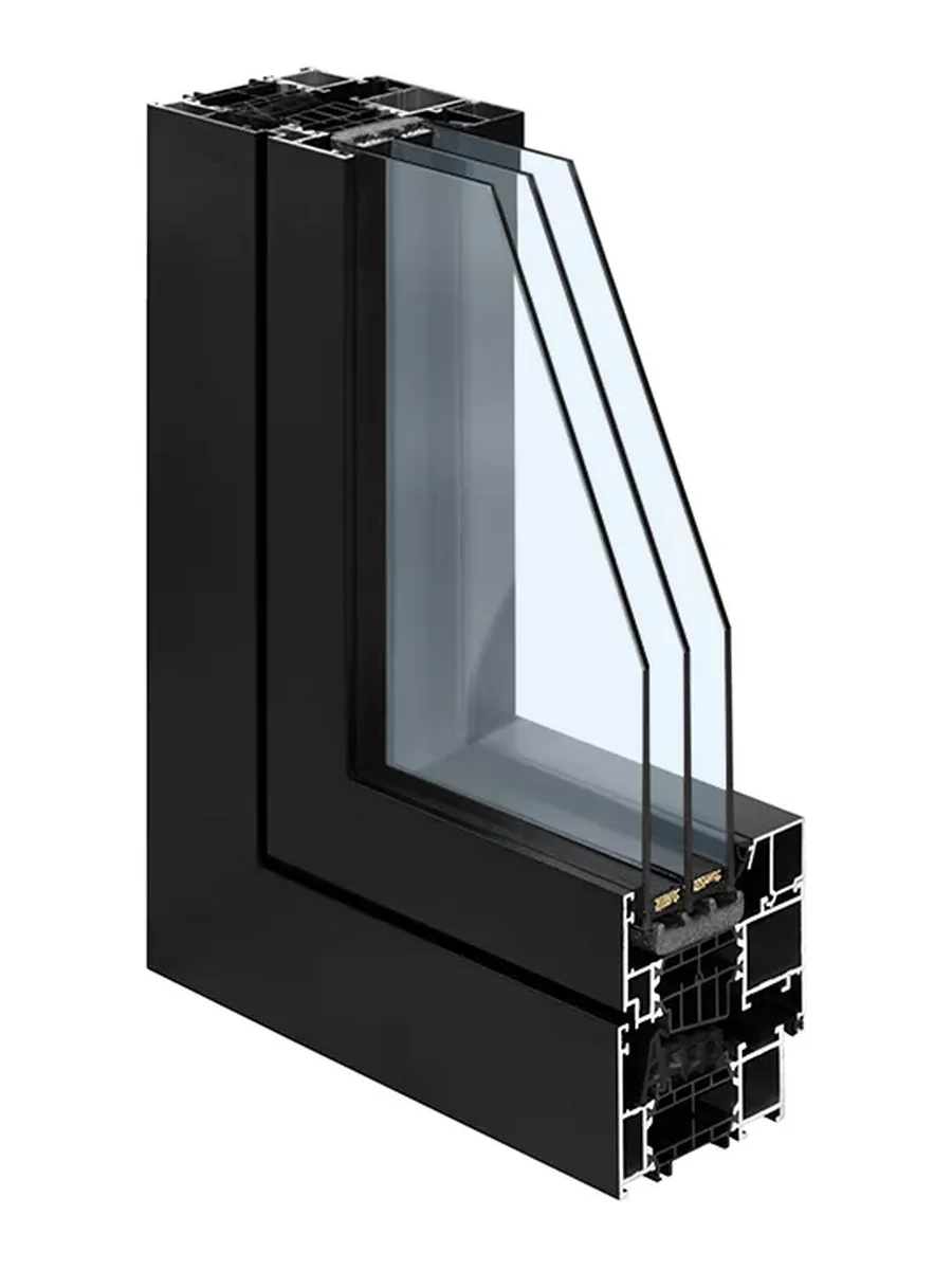 MB-86N aluminum window, black, corner cutaway showing the insulated profile, thermal break and triple glass