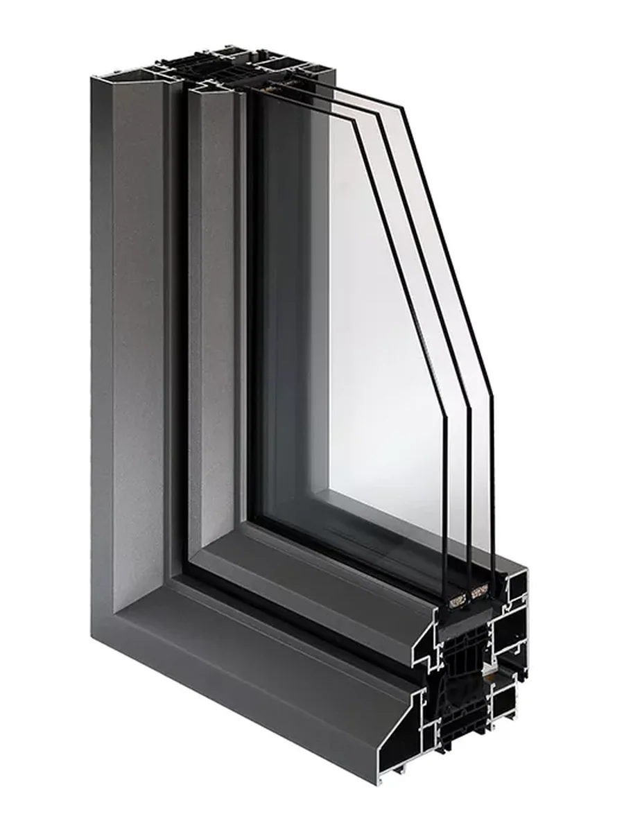 MB-Ferroline Pro aluminum window, corner cutaway showing the steel-look profile, thermal break and triple glass