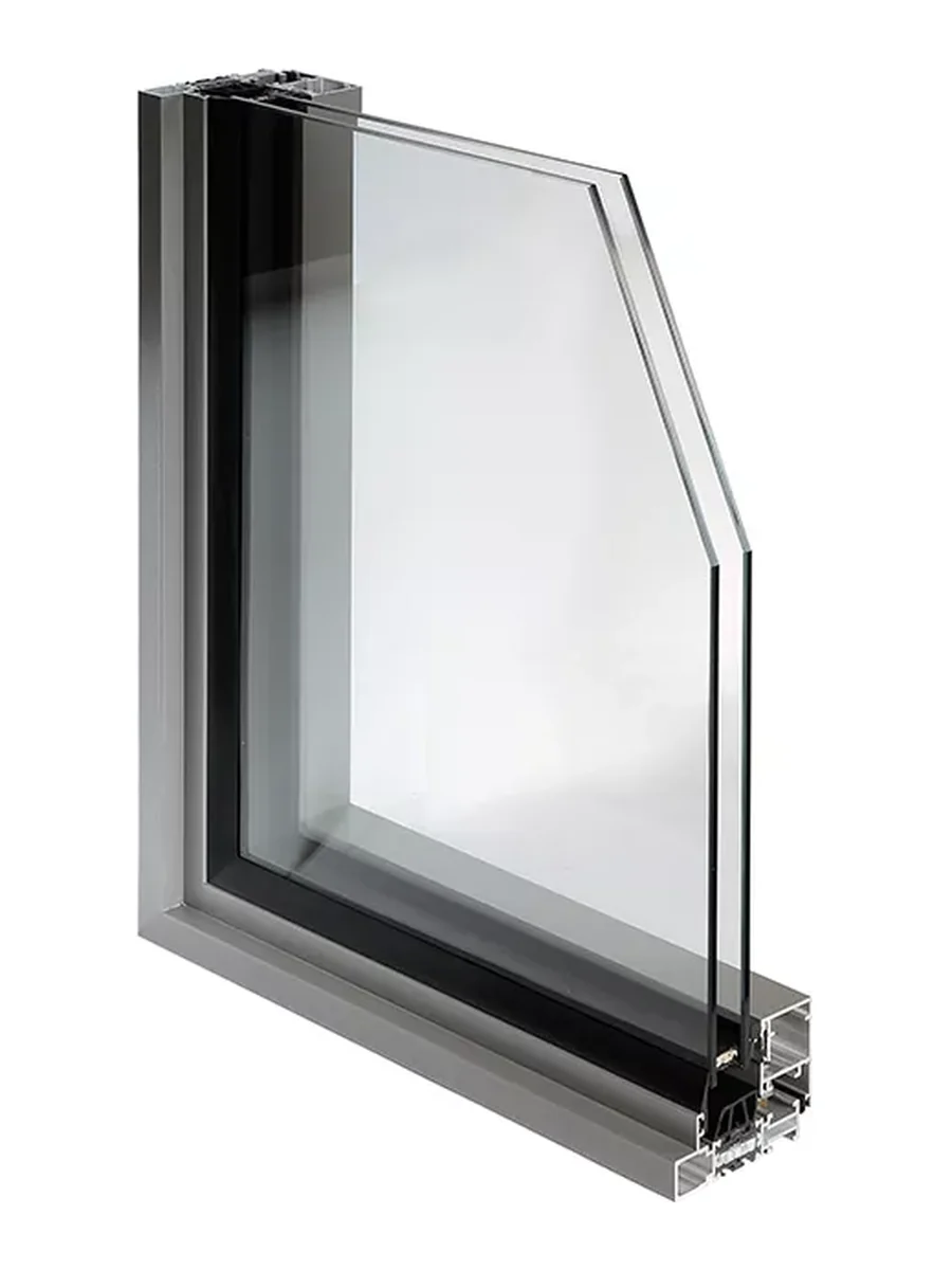 MB-Slimline aluminum window, corner cutaway showing the slim frame, thermal break and glazing