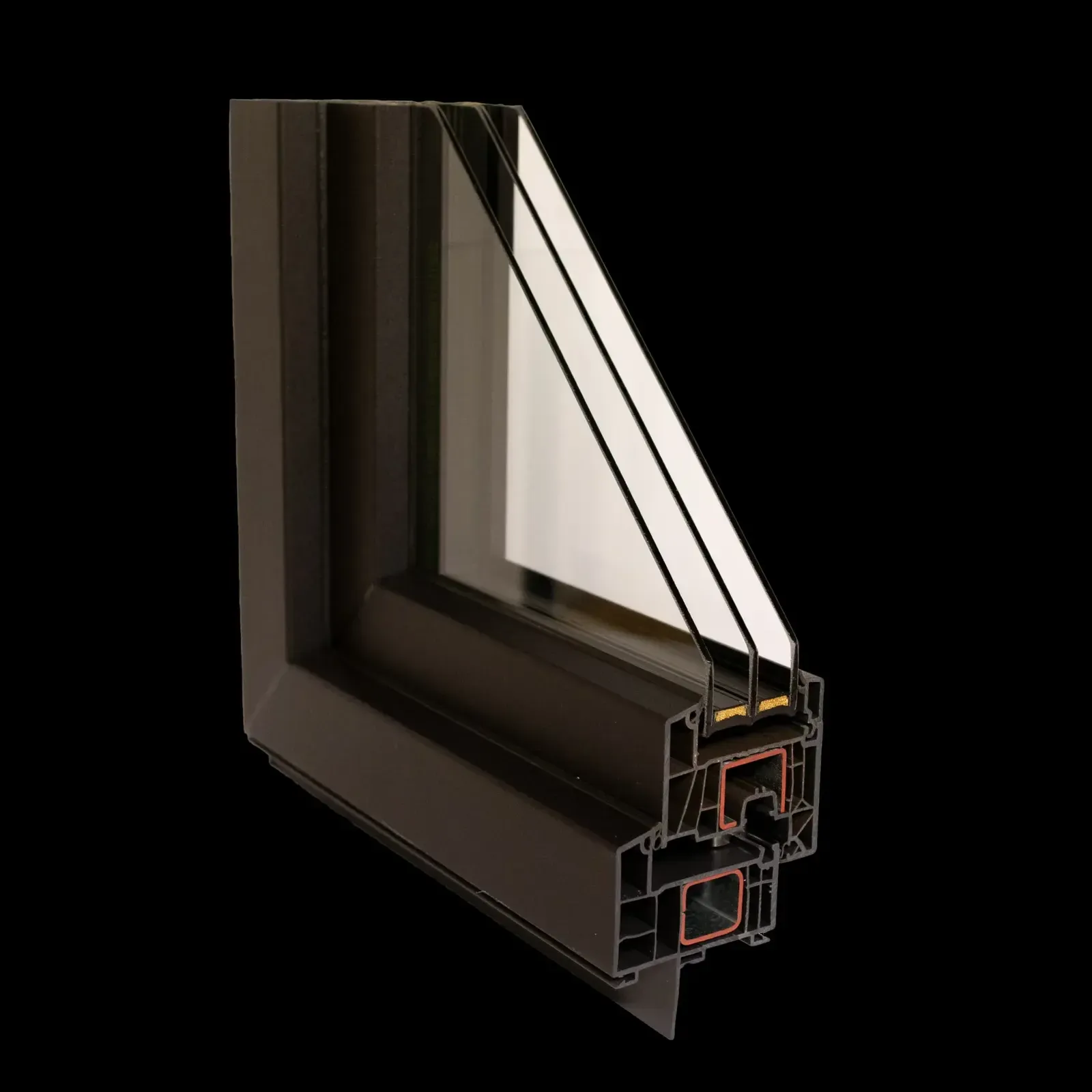 P-300 uPVC-steel window in a dark brown finish, corner cutaway showing the six-chamber frame, steel reinforcement and triple glass