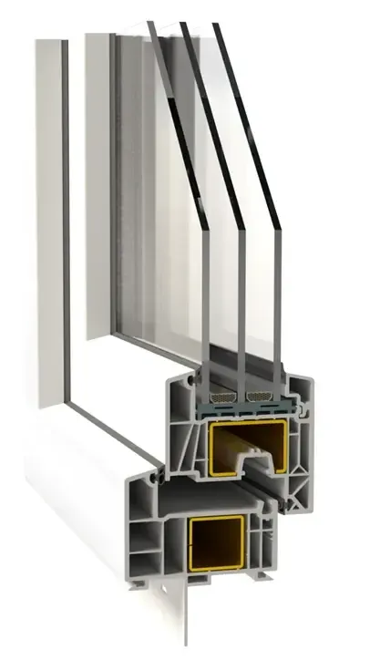 P-300 uPVC-steel window, white, tall corner cutaway showing the frame chambers, steel reinforcement and triple glass