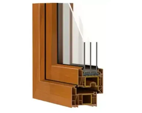 P-300 uPVC-steel window with a golden-oak woodgrain finish, corner cutaway showing triple glass and reinforced chambers