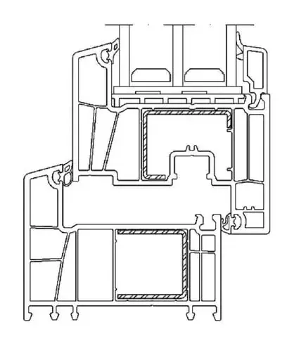 P-300 frame and sash profile line drawing showing the chambers, two gaskets and steel reinforcement