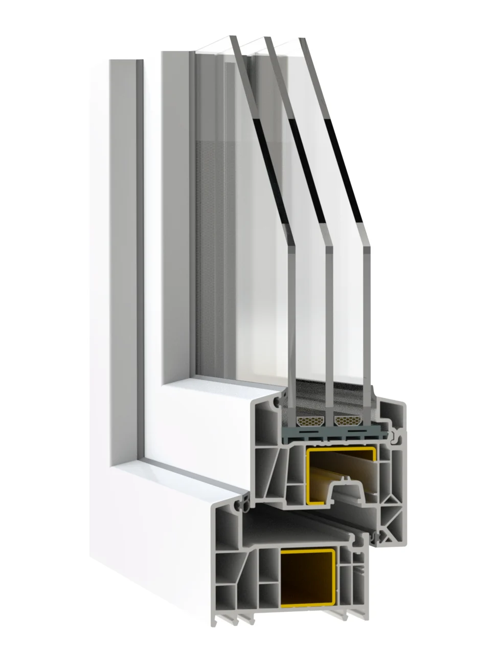 P-300 uPVC-steel window, white, corner cutaway showing the multi-chamber frame, steel reinforcement and triple glass