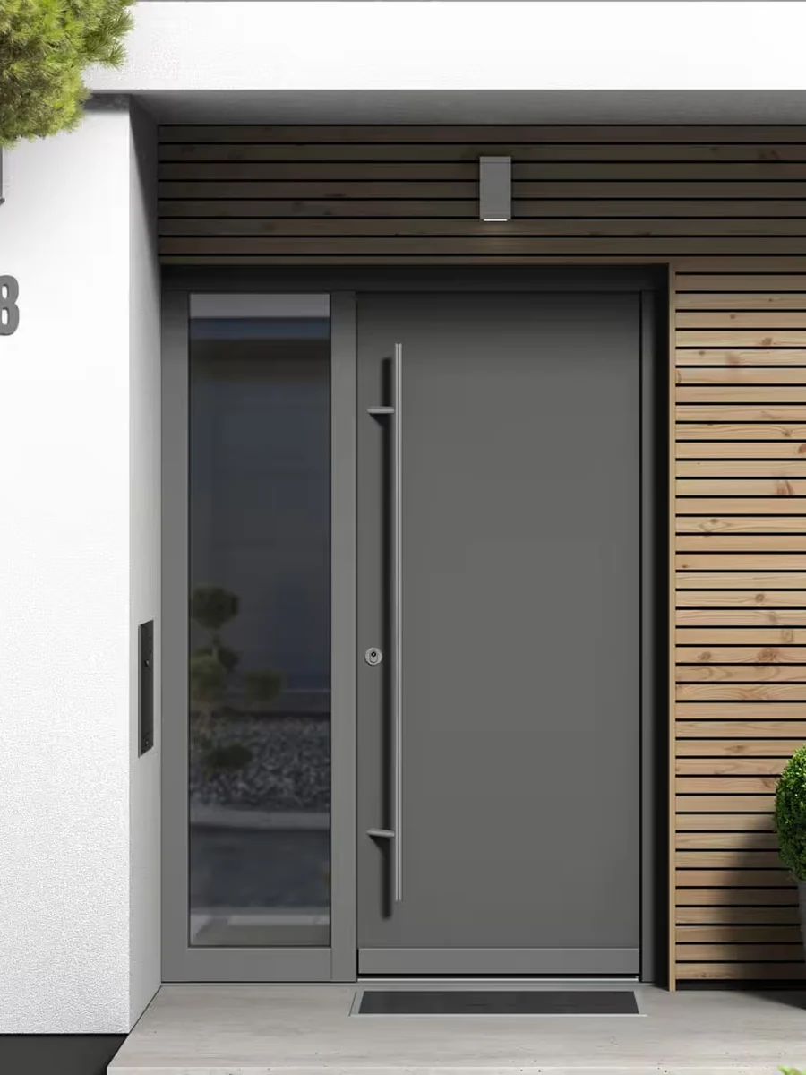 P-500 uPVC entry door, gray, with a glass sidelight