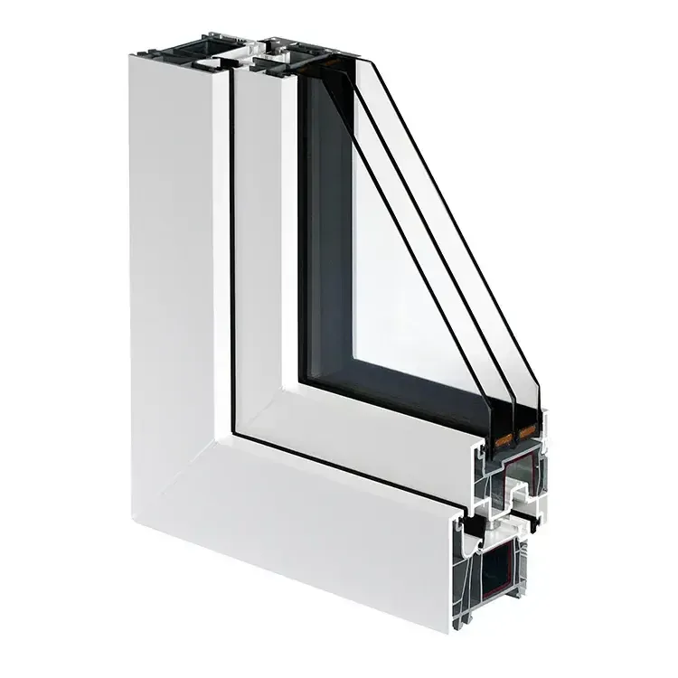 P-500 uPVC window, white, corner cutaway showing the square-edged frame, chambers and triple glass