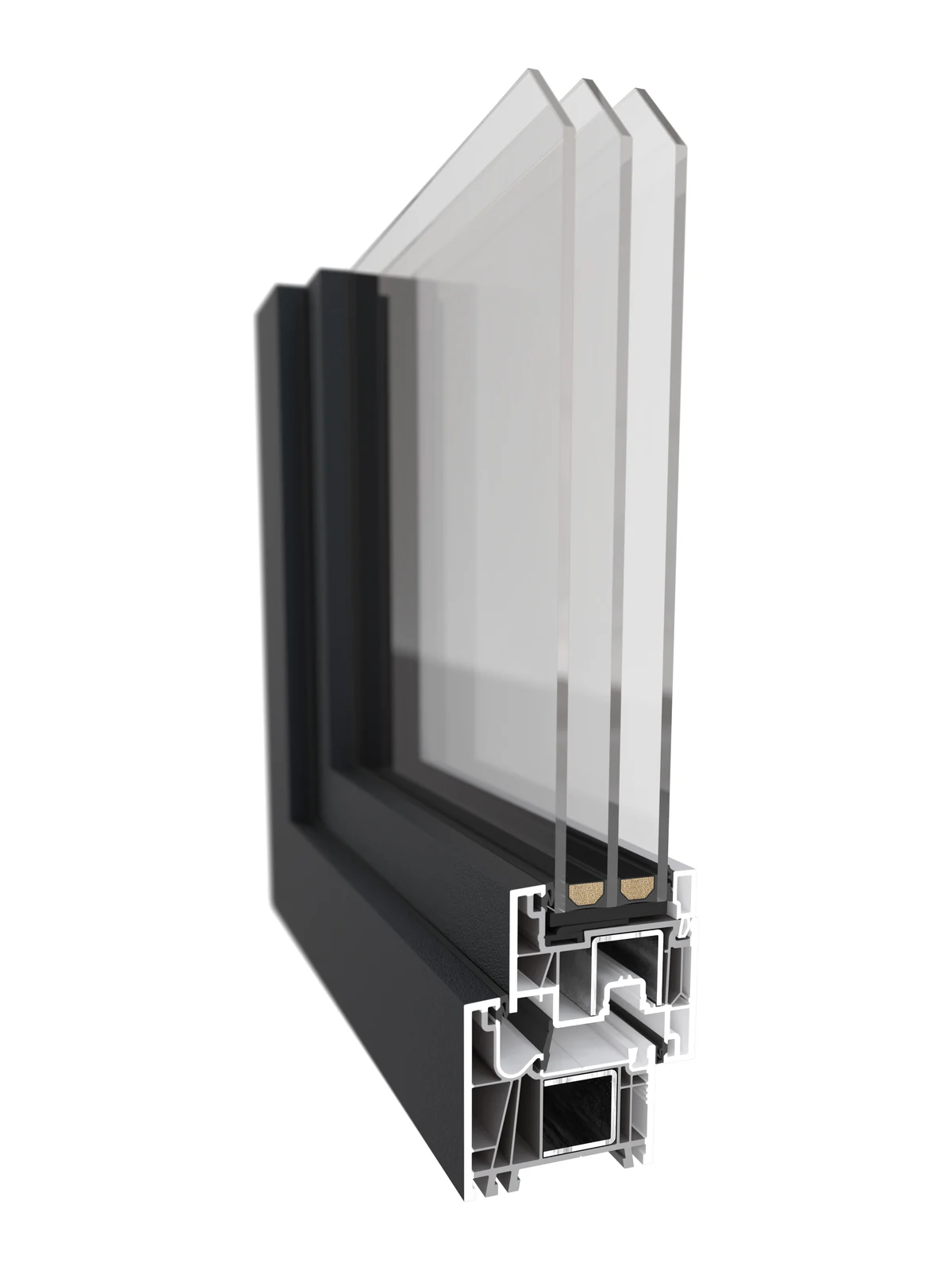 P-500 uPVC window, anthracite, corner cutaway showing the square-edged profile chambers and triple glass