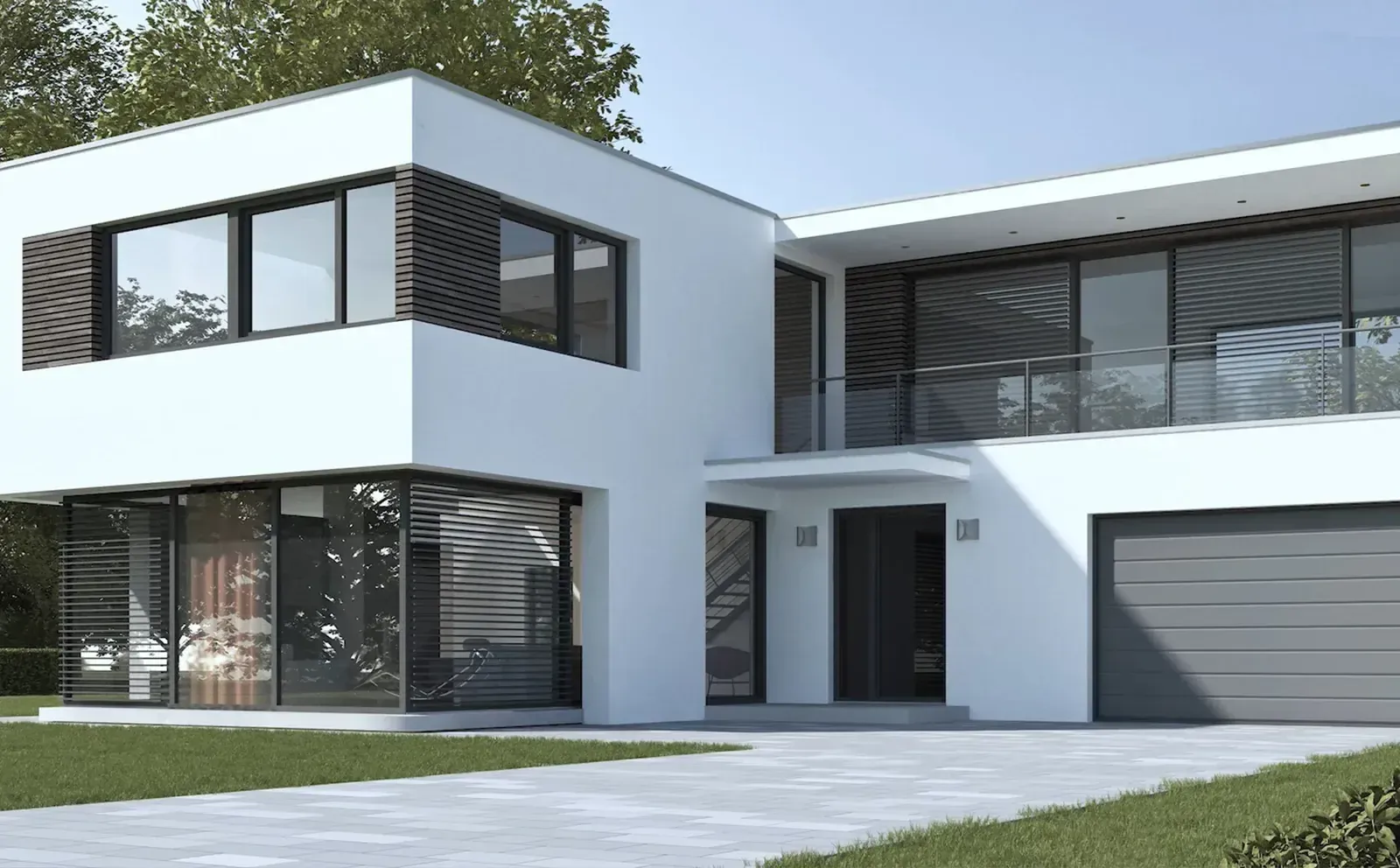 Modern white two-story house with large dark-framed P-500 uPVC windows and a glass balcony
