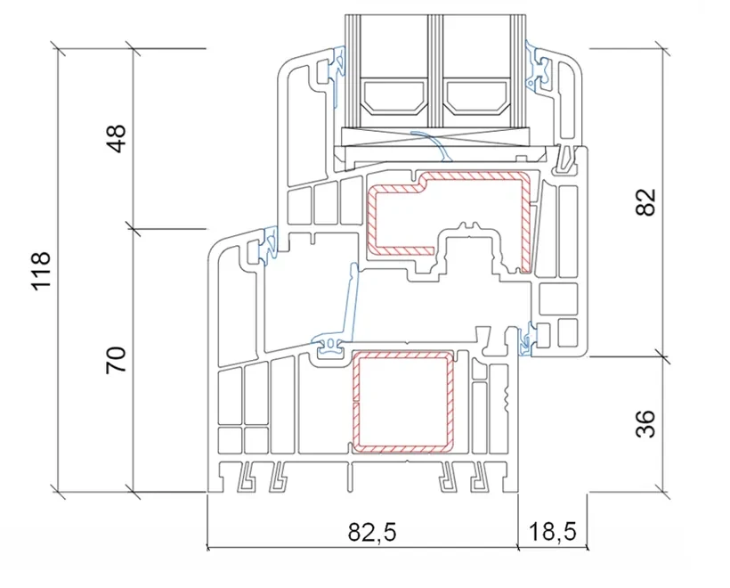 P-700 uPVC profile cross-section drawing: 82.5 mm (3-1/4″) deep, 118 mm frame plus sash, steel reinforcement and center gasket
