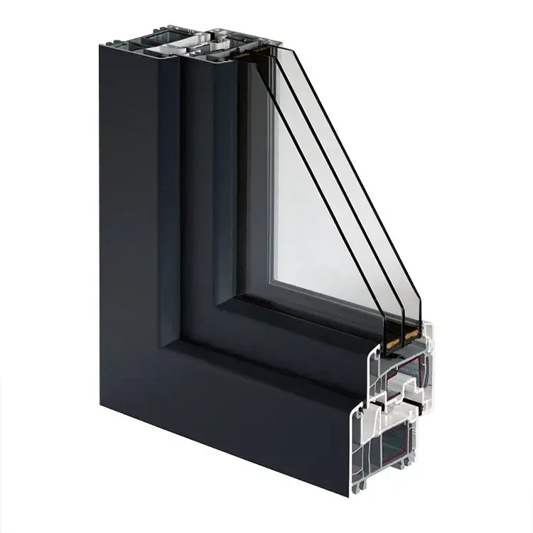 P-700 uPVC window, anthracite, corner cutaway showing the six-chamber frame, center gasket and triple glass