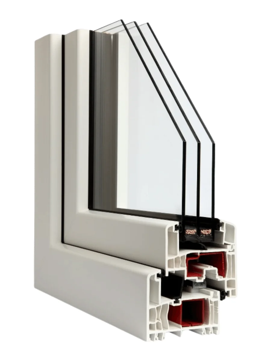 P-700 uPVC window, white, corner cutaway showing the six-chamber frame, reinforcement and triple glass