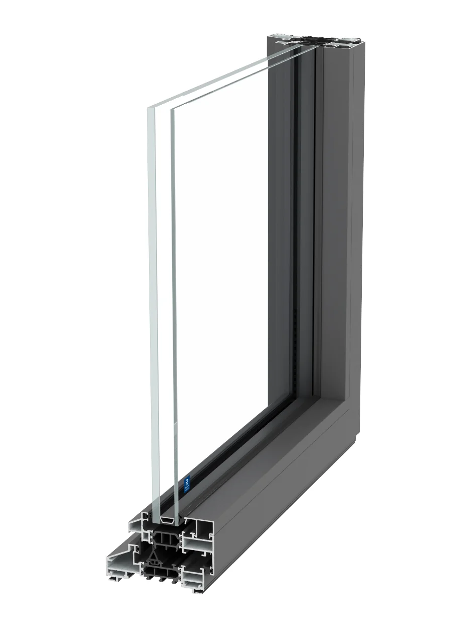 SlimLine Elite aluminum window, dark gray, corner view of the slim frame and sash