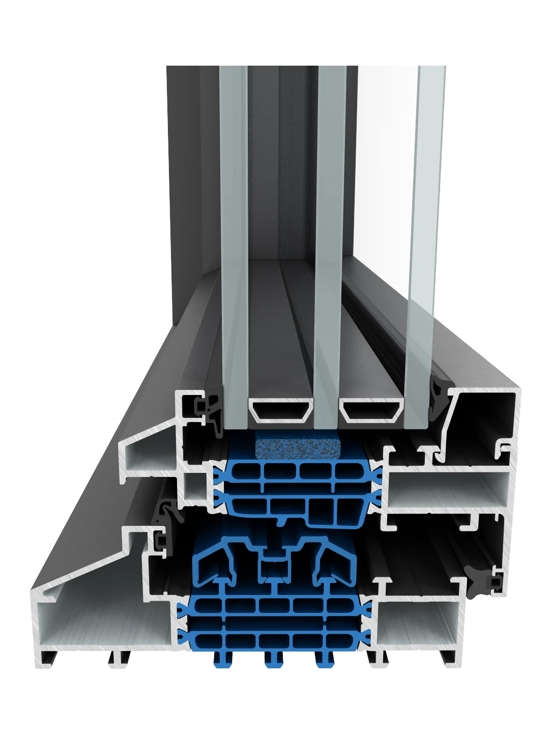SlimLine Elite aluminum window, cross-section showing the thermal break and glazing