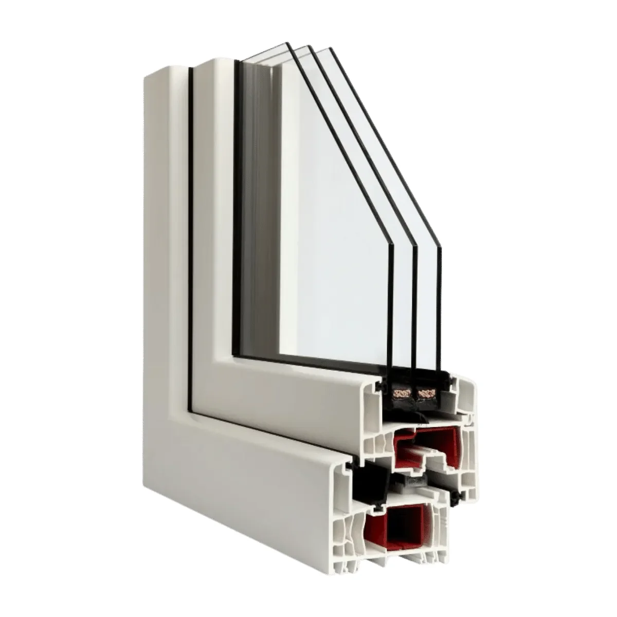 Cutaway corner of a white uPVC window frame showing the inner chambers, steel reinforcement inserts and triple glazing
