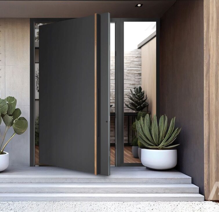 designer entrance door to a country house. modern design. luxurious exterior and backside garden